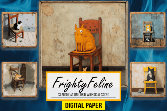Scared Cat on Chair: A Whimsical Digital Art Scene