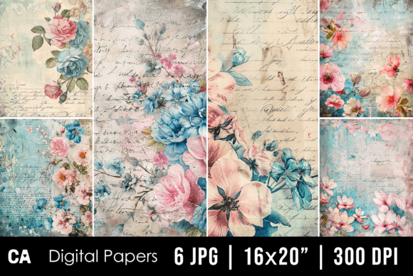 Vintage Pink Blue Floral Journal Papers for Creative Projects