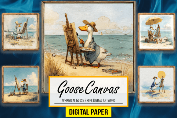 Whimsical Goose Shore Digital Artwork: A Serene Design Asset